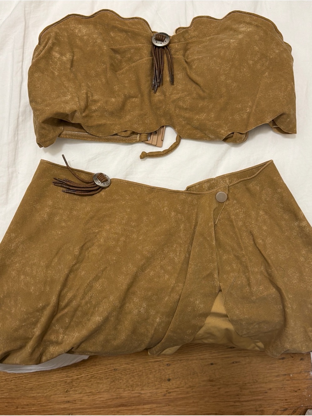 Vintage Nicole Olivier Pocahontas Tan Brown suedette three piece bikini set